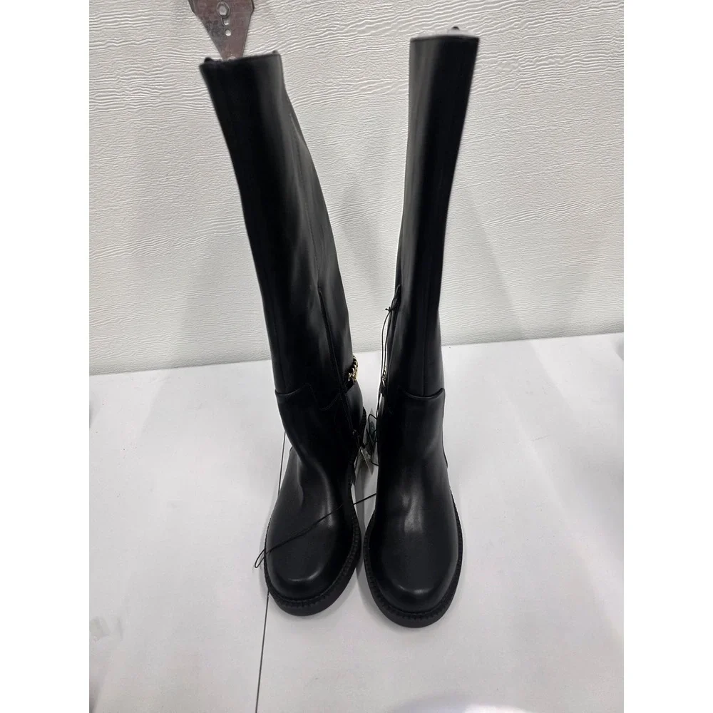 Black Faux Leather Knee High Boots with Gold Chain Detail Round Toe Size 8